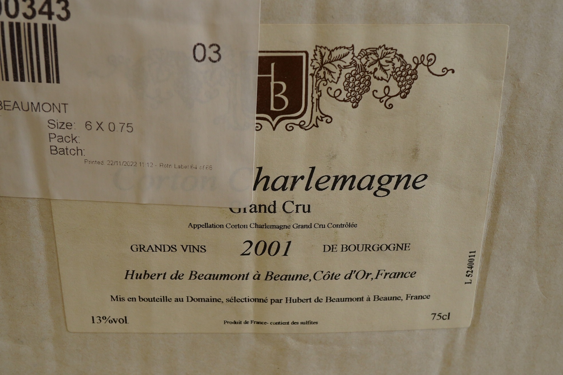 Domaine Hubert de Beaumont, Corton-Charlemagne, 2001